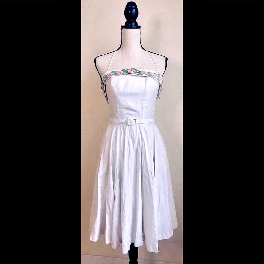 Vintage White Midi Fit & Flare Strapless Dress: Pink Green Floral Accents, Sz. 0